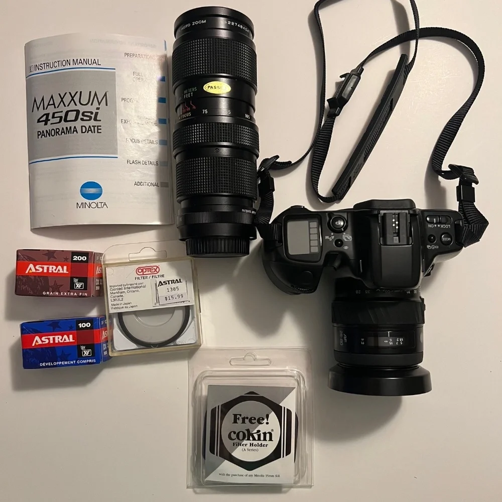 MINOLTA MAXXUM 450si 35mm Film Camera with Vivitar 75-205mm Zoom Camera Lens - Picture 1 of 10